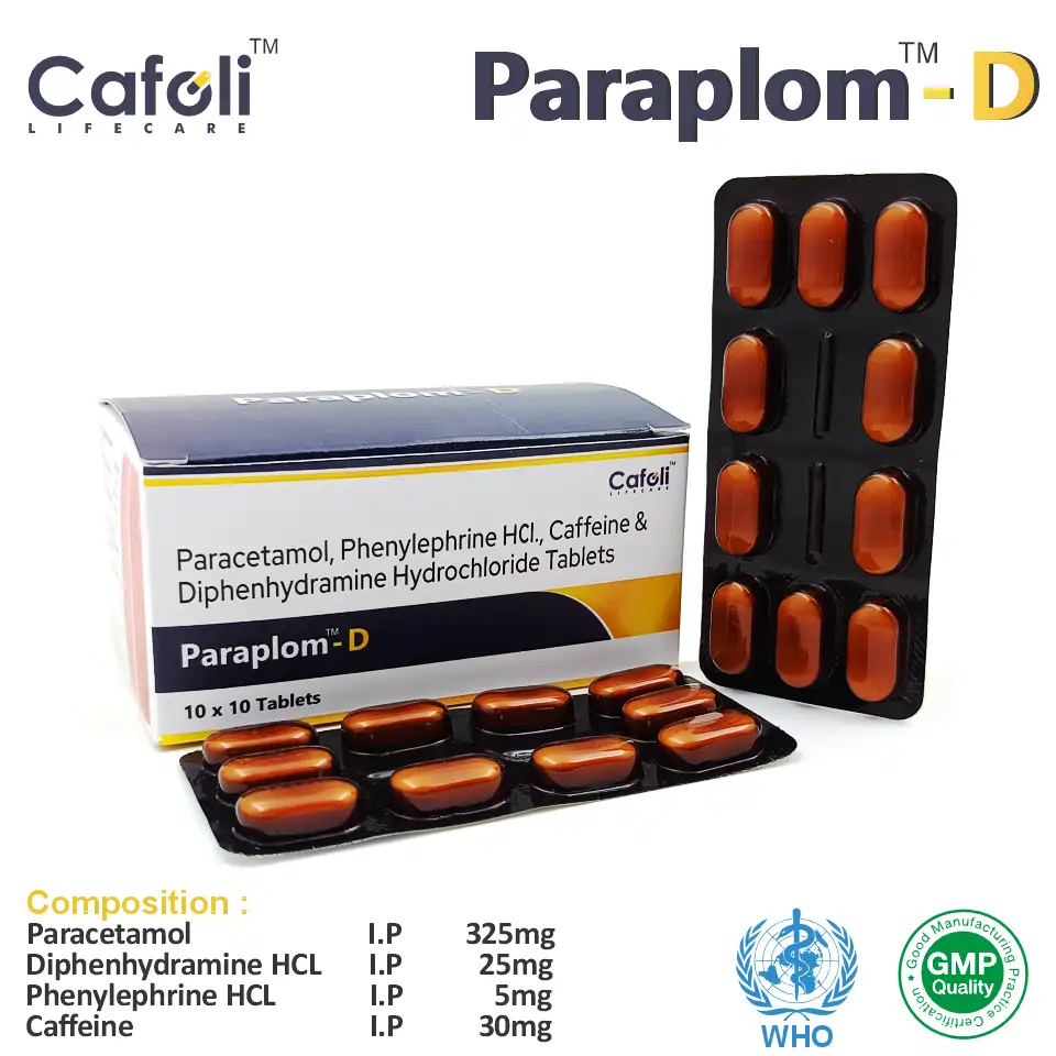Paracetamol 325mg + Phenylephrine 5mg + Diphenhydramine 25mg + Caffeine 30mg | Best price for PCD Pharma Franchise | Cold & flu relief